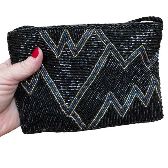 Vintage 1980’s black & blue beaded evening bag flapper prom purse mod geometric - Picture 11 of 12